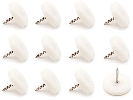 K.D.J. Brand Möbelgleiter aus Kunststoff mit Nagel rund, 12 Stück in weiß, 15 mm Ø, 5 mm dick, Stuhlgleiter mit Nagel, Kunststoffgleiter für Gartenstühle – Made in Germany