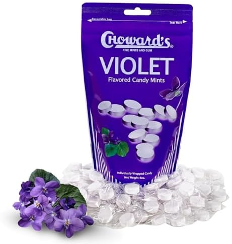 Choward's Violet Mints Candy Bag | Bold Aromatic Flavor | Perfect for Travel, Sharing, and Gifting | Nostalgic Vintage Candy | Resealable Bag for Freshness | 4 Oz (64 Individually Wrapped Mints)