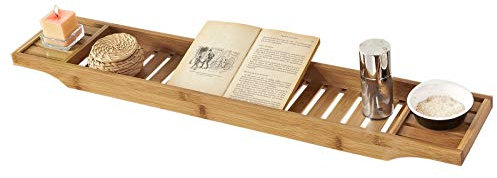SoBuy FRG212-N Pont de Baignoire en Bambou, Tablette de Salle de Bain, Plateau de Rangement pour Baignoire, Porte Savon et Gel Douche Serviteur de Baignoire L80xP15xH4cm
