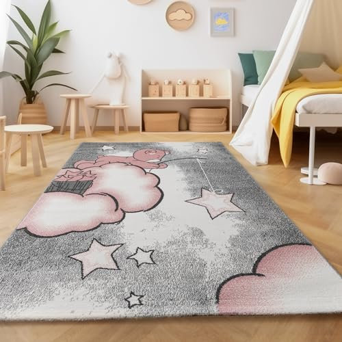 Teppich Kinderzimmer Bär-Himmel Wolken Sterne Design Kurzflor Kinderteppich mädchen Spielteppich Modern Design Babyzimmer Teppiche für Junge und Mädchen Extra Weich 80 x 150 cm