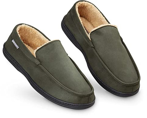 Dunlop - Pantofole mocassino da uomo, in pile sherpa con suola in gomma, con memory foam, traspiranti, per interni ed esterni, idea regalo per uomo, (cachi), 44 EU