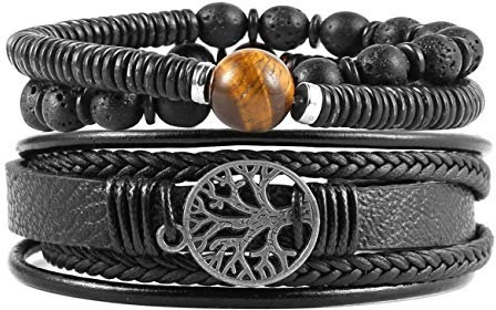 HZMAN Bracelets élastiques en cuir véritable pour homme et femme, œil de tigre, pierre de lave, perles ethniques, tribales, élastiques, 8.5 inch, Cuir, Pas de gemme