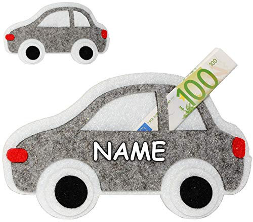 Geldgeschenk/Deko/Glückwunschkarte - Filz Auto - grau - inkl. Name - ideal für Gutschein + Geldscheine + Foto´s + Glückwünsche - Geldgeschenkverpackung - ..