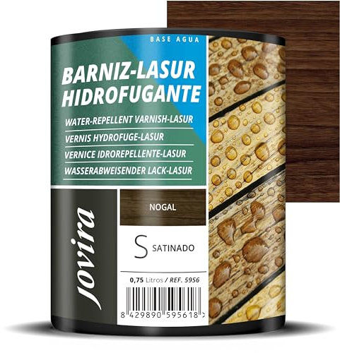 JOVIRA PINTURAS BARNIZ-LASUR Hidrofugante Protector Satinado al Agua. Protege, decora y embellece todo tipo de madera con efecto perlado. (750 Mililitros, Nogal) E-33
