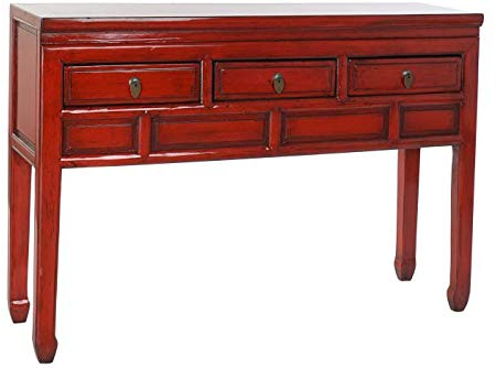 DRW Console Orientale avec 3 tiroirs en Orme Rouge 128 x 30 x 88 cm