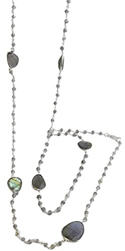 Freiform Labradorit und Süßwasserperlenkette 925 SIlber Halskette 107cm - Natürlicher Edelstein - Geburtstagsgeschenk - Weihnachtsgeschenk - Handgefertigte Geschenkideen für Frauen