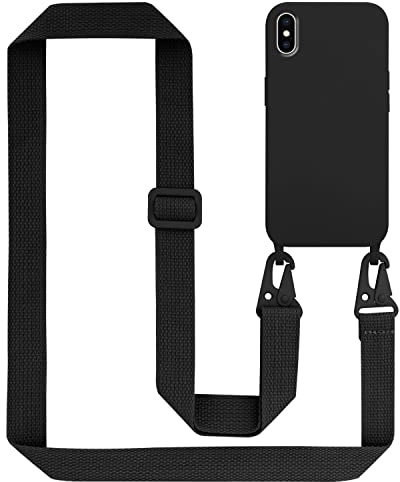 Cadorabo Handykette kompatibel mit Apple iPhone XS MAX Schutzhülle TPU Liquid Silikon Case Necklace mit verstellbarem Band Kordel Band mit Etui Rundumschutz Case Hülle für iPhone XS MAX in Schwarz