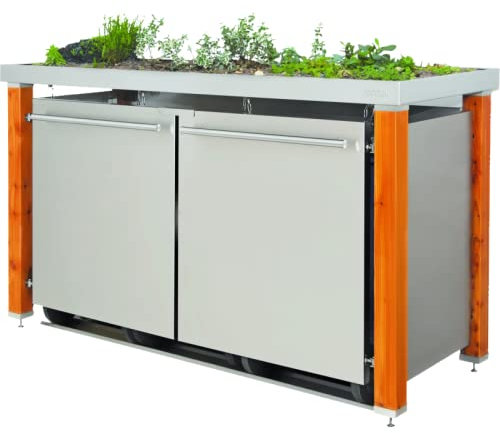 Edelstahl Mülltonnenbox für 3 Tonnen 240L mit Pflanzenwanne und Holzpfosten (HW/222/B), Mülltonnenhaus Mülltonnenverkleidung
