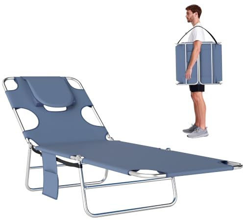 Outsunny Foldable Sun Loungers Beach Chaise Lounge Grey | Reading Hole, Arm Slots, 5-Position Adjustable Backrest, Side Pocket, Pillow, Garden, Beach, Camping