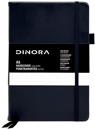 Dinora® Notizbuch A5 Hardcover - Dotted - PU Leder-Optik - 200 nummerierte Seiten - 100g Avery Papier - Navi Blau