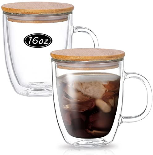 Wwyybfk Double Wall Glass Coffee Mugs, 16oz Insulated Glass Espresso Mugs Cups with Handle Lid (Set of 2) for Cappuccino, Latte,Tea (455ml)