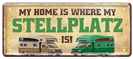 helges-shop Home is Where My Stellplatz is - Retro Deko Camping Schild - Blechschilder Dekoration für Caravan Wohnmobil Wohnwagen Reisemobil Campingplatz Zeltplatz - Camping Zubehör - 28x12cm