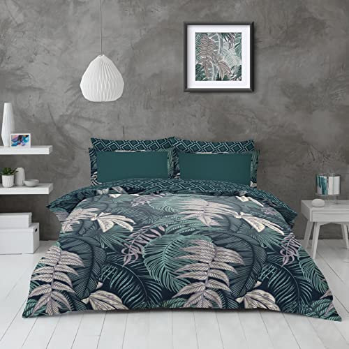 GC GAVENO CAVAILIA Reversible Leaf Pattern Complete Bedding Set Double Bed With Fitted Sheet, 4 Pcs Breathable Tropical Palm Leaves Duvet Cover Double With Matching Pillowcases, Sage Green