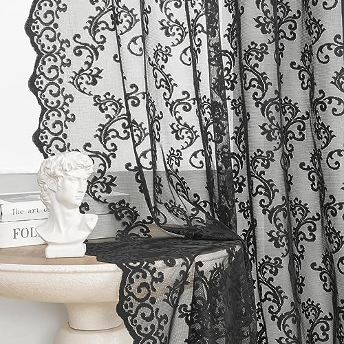 Spitzenvorhänge, 2 Stück, Gothic-Paisley-Vorhänge für Wohnzimmer, Schlafzimmer, Florale Häkelvorhänge, Tunnelzug, Lichtfilterung, Shabby-Chic-Stil, Dunkles Gothic-Dekor, 132 x 160 cm, schwarz