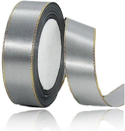 Geschenkband Silber 20mm Breit, 23 Meters Goldränder Satinband Grau Geschenkbänder Stoff Schleifenband Dekoband zum Geschenkverpackung, Bastelarbeiten, Geburtstag und Hochzeitsdekoration