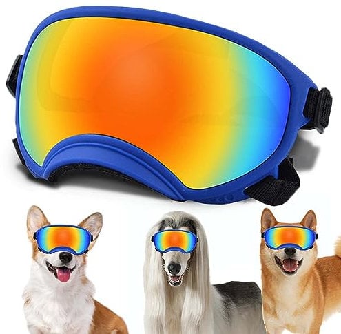 Mittelgroße Hundesonnenbrille mit verstellbarem Riemen, UV-Schutz, winddicht, geeignet für mittelgroße Hunde, Augenschutz, weiche Hundebrille