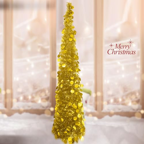 Árbol de Navidad plegable de 1,5 m, árbol de Navidad artificial con soporte de fácil montaje para decoraciones de Navidad, exhibición del hogar, decoración de oficina, interiores y exteriores, dorado