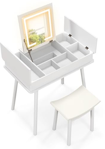 RELAX4LIFE Dressing Table and Stool Set with Flip Top Mirror, LED Lighted Vanity Desk with 7 Hidden Storage Compartments & USB Charging Station, Cosmetic Bedroom Dresser Makeup Table (White)