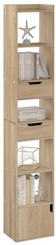 WOLTU Estanteria Alta de 6 Compartimentos, Libreria con 2 Cajones y 1 Armario con Puerta, Estante de Almacenaje, Estantería de Piso para Salon y Oficina, Roble Claro, SK042hei