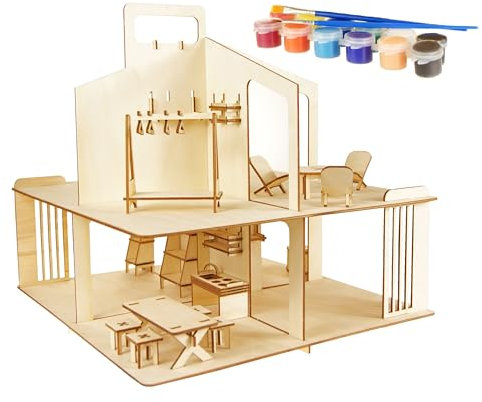 SafeCore - Maison de poupée en Bois avec Meubles pour Enfants, Maison de poupée à Monter soi-même et à Peindre sans Colle, 79 éléments en contreplaqué, 12 Couleurs et 2 pinceaux.