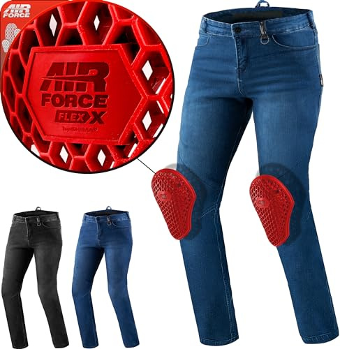 Shima Rider Pantalon Moto Homme Homologué Genouillères Airforce Pantalon De Moto Jean Armure Textile Protection Genoux Renforcé Airflow Jeans Grande Taille (Masculin, Bleu, 36/34)