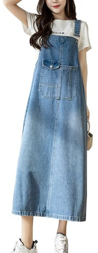 Yishengwan Donna Lunga Vestito Salopette di Jeans Senza Maniche Denim Vestiti Overall Taglia Grande Azzurro L
