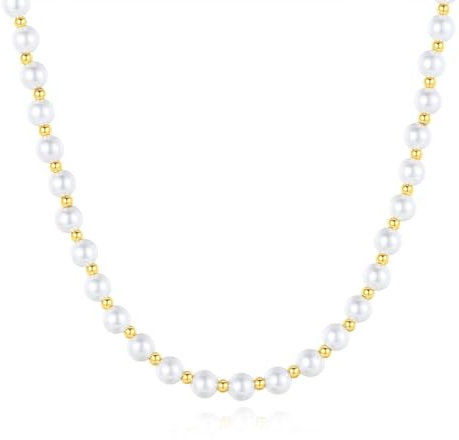 COAI Perlenkette mit 6MM weißen Perlen und 3MM vergoldeten Perlen