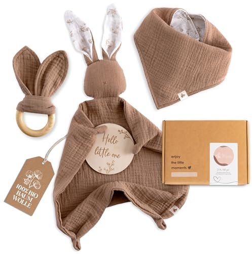 MikitoBaby Musselin Schnuffeltuch + Beißring + Lätzchen + Holzschild | Neugeborenen Geschenk Set