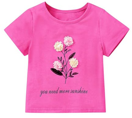 UnoSheng Lässiges Kurzarmshirt mit DREI D-Blumen für Kinder für Mädchen Bestickte Blusen Damen (Red, 4-5 Years)