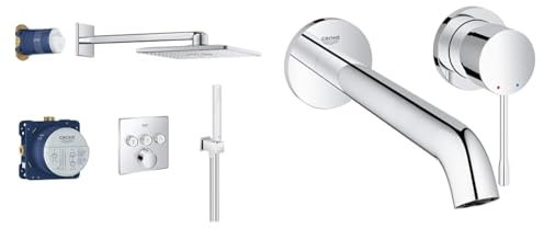 GROHE SmartControl 310 - Duschsystem & Essence New - 2-Loch-Waschtischarmatur (Mousseur 5,7l/min, Wandmontage, Bedienungshebel aus Metall), L-size, chrom, 19967001