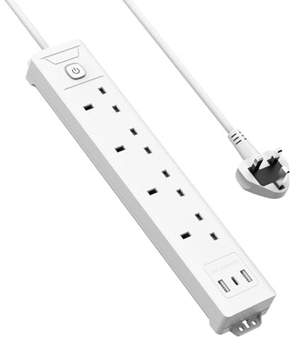 Mscien 3M Extension Lead with USB Slots, 4 Way Socket 3 USB UK Plug Extender Wall Mountable with 3 Metre Extension Cords, 4 Gang Power Strip with Switch Multiplug Socket For Home Dorm Office Extension