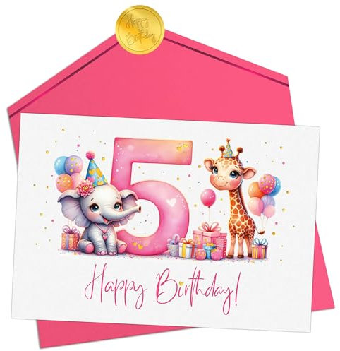 Joli Coon Geburtstagskarte 5 Jahre Mädchen - Premium Happy Birthday Geburtstagskarte 5 Jahre - Klappkarte mit Kuvert und goldenen Siegelsticker