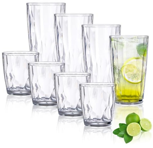 TIE-DailyNec 8 PCS Wassergläser Set, 470ml und 310ml Bunte Trinkgläser aus Kunststoff, Unzerbrechliche Drinking Glass, Stapelbar Camping Gläser für Picknicks, Partys (Transparent)