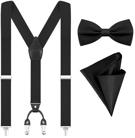 Fevaeno Hosenträger für Herren Breit 3.5cm mit Metal Clips Einstellbar und Elastisch Einheitsgröß Hosenträger Fliege Einsteckuch Set Y-Schwarz