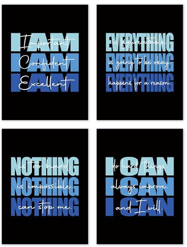 TLESKE Inspirierende Poster, ungerahmt in Blau und Schwarz, 4 Stück, adretter motivierender Wandkunstdruck, Dekor für Büro, Teenager, Schlafsaal, Schlafzimmer, Spielzimmer, positive Bestätigungen,