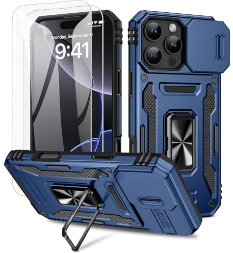 Doeshine for iPhone 16 Pro Max Case, 2 Pack Screen Protector, Navy | with 360°Rotate Ring Kickstand & Slide Camera Cover, Shockproof Military Drop Protection Case for iPhone 16 Pro Max