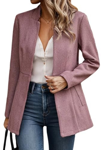 FEOYA Blazer da Donna con Tasche Cardigan Blazer Corto Elegante Slim Fit Giacca da Abito Cappotto da Ufficio Lavoro Business Rosa Scuro S