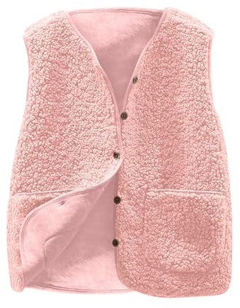 AnnSemo Gilet en polaire pour femme - Sans manches - Col en V boutonné - Manteau Sherpa moelleux - Gilet d'hiver avec poches - Manteau pelucheux en fourrure, 5 roses., L