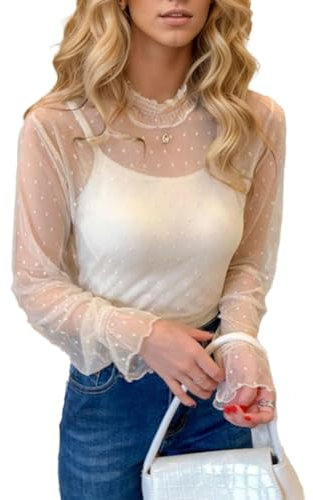 EMOTTOS Tops de Encaje Sexy de para Mujer, Camiseta de Malla con Estampado de Lunares Escote Medio Alto, Elegante Festival Camiseta Rejilla Transparente para Señoras, Blanco, L