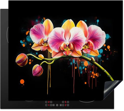 KitchenYeah© Herdabdeckplatte 60x52 cm Einteilig Herdabdeckung Abdeckplatte für Ceranfeld Abdeckung Induktionskochfeld Aufrollbare Matte Orchidee - Graffiti - Farbenfroh - Blumen - Abstrakt