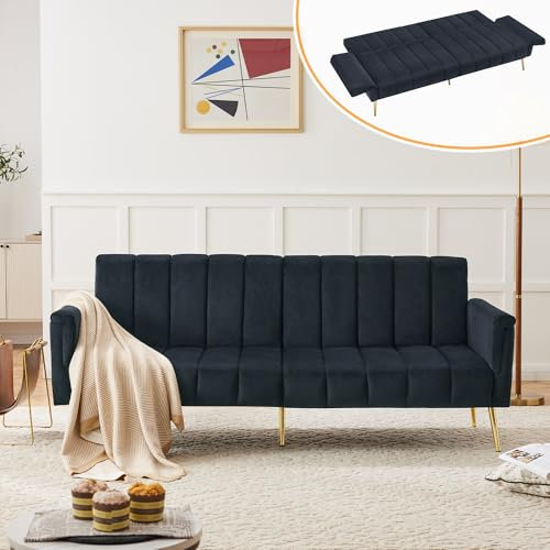 DRIXNO Klappbares Schlafsofa Samtstoff, 4 sitzer Schlafsofa mit Hilfsfüßen, mit Schlaffunktion, Schwarz, Geeignet für Wohnzimmer, Schlafzimmer, Heimkino, Gästezimmer