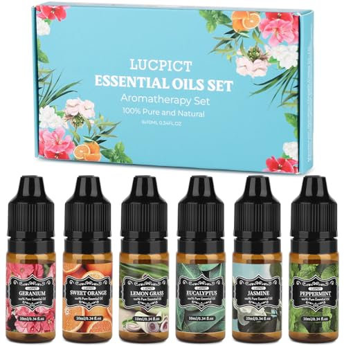 LUCPICT Ätherische Öle Set, 6 x 10ml Aromatherapie Aroma Öl für Diffusor, Reines Natürliches Duftöl Geschenkset für Luftbefeuchter, Massage, Wäsche, Seifenherstellung, Kerzenherstellung