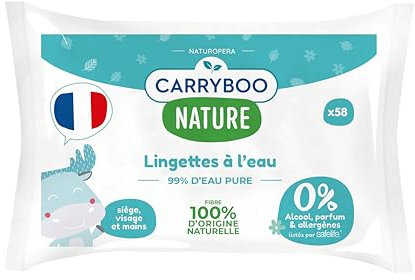 CARRYBOO - Lingettes bébé à l'eau - Sans parfum et allergènes - Lot de 9 - Peaux normales & Fragiles - Nettoient et apaisent - Fibres 100% d'Origine Naturelle - Fabriquées en France - 522 lingettes