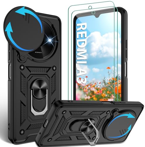 Jshru for Redmi A3 Phone Case with Screen Protector | Camera Protection Cover | Military Grade Shockproof Cover Fit Redmi a3 | Ring Kickstand Case for Xiaomi Redmi A3,Black