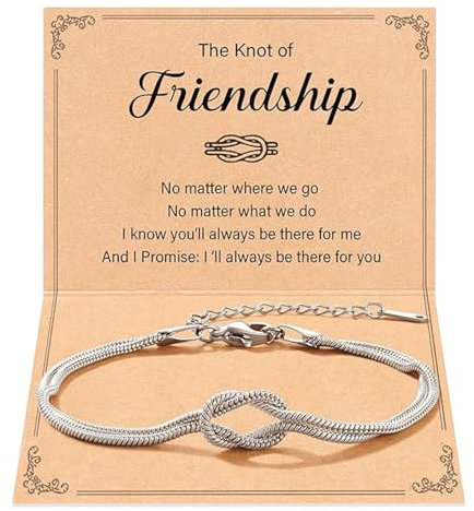 BelleVive Freundschaftsbänder, Liebesknoten-Armband aus Titanstahl, zierliche Schlangenkette, Unendlichkeitsarmband mit 1 Karte, verstellbar, Goldschmuck, Geschenke für Frauen, Silber 1