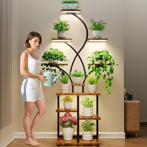 Bvewg 68 Inches Metal Plant Stand Indoor with Grow Lights, Flower Spike-Shaped Tall Plant Shelf for Indoor Plants, 10 Tier Lighted Plant Stands for Indoor Plants Multiple