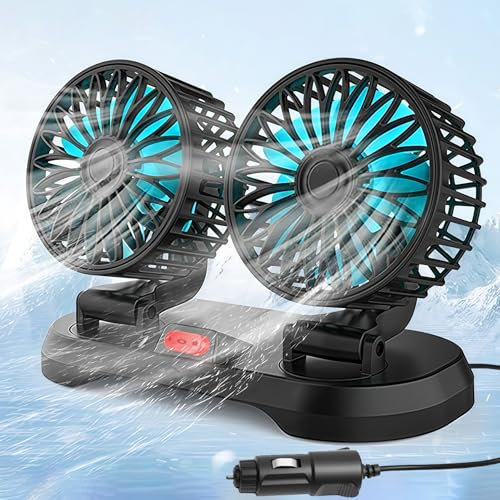 Sunshine smile Auto Ventilator für Rücksitz,12V Doppelkopf Auto Lüfter,Doppelkopf 360° drehbar Auto Fan Ventilator,2 Geschwindigkeiten Kühlender Ventilator Wohnmobil,Mini Ventilator Auto Innenraum