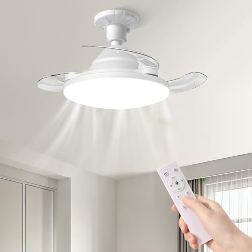 YISUN Ventilateur Plafond avec Lumière Pales Rétractable Télécommande 3 Niveaux Luminosité 3 Vitesse Eclairage 57cm Lampe Silencieux pour Salle à Manger Cuisine