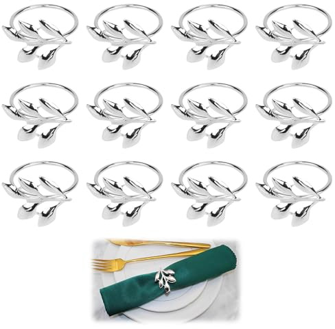 12 PCS Napkin Rings Set, Elegant Silver Leaf Napkin Holders for Table Decoration, Metal Napkin Buckles for Thanksgiving Weddings Parties Dinners Christmas, Stylish Reusable Table Accessories
