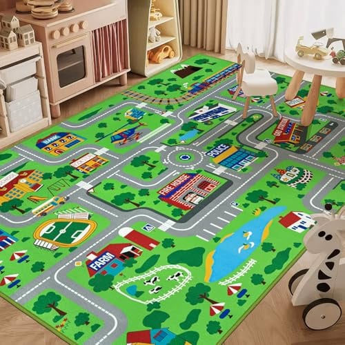 Capslpad Kinderteppich 150x200cm rutschfest Stadtplan Spielteppich Pädagogischer Spielteppich Maschinenwaschbar Kurzer Flor Autoteppich Kinder für Kinderzimmer Schlafzimmer Spielzimme Grün